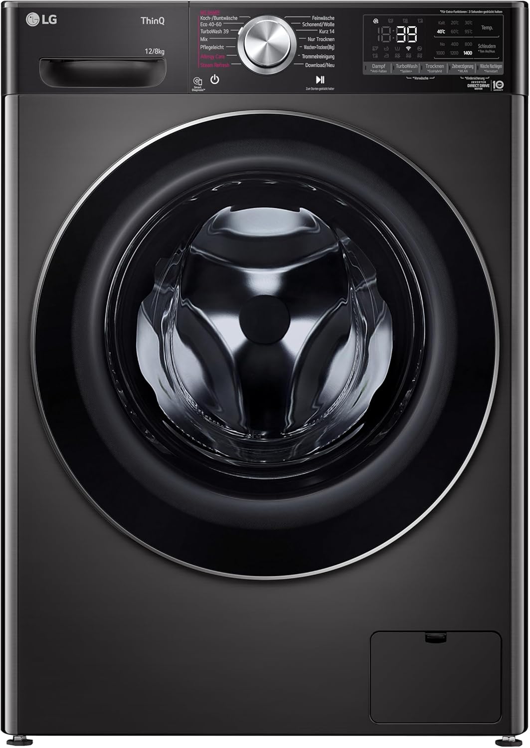 LG W4WR7096YB, Klasse D, Frontlader-Waschtrockner 9 - 6 kg, 62 x 60 x 85 cm, Wi-Fi, AI Direct Drive, Tiefenreinigung mit Dampf, TurboWash 360, Große Kapazität, Außentür aus gehärtetem Glas, Weiß