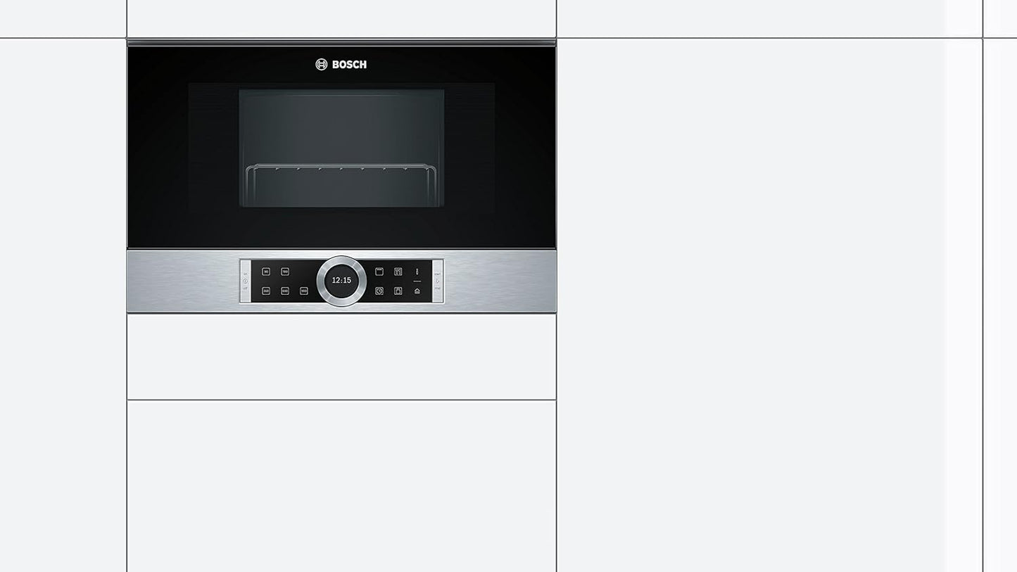 Bosch BFR634GS1 Serie 8 Einbau-Mikrowelle, Türanschlag Rechts, AutoPilot 7 Automatikprogramme, Reinigungsunterstützung, TFT-Touchdisplay, LED-Beleuchtung gleichmäßige Ausleuchtung, 38 x 60 cm, 900 W
