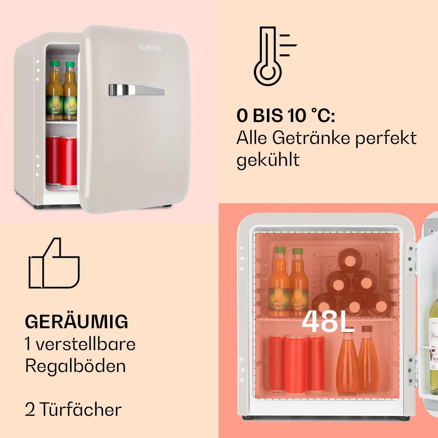 Klarstein Audrey Mini - kleiner Kühlschrank, kompakte Mini-Bar, freistehend, Kompressionskühlung, Fassungsvermögen, Kühlung: 0-10 °C, Mini-Kühlschrank mit 70 Liter Fassungsvermögen, rot