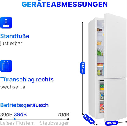 Bomann® Kühlgefrierkombination, 269 L Nutzinhalt - Kühlen: 198 L | Gefrieren: 71 L, Energiesparend, leise 39 dB, LED, wechselbarer Türanschlag, Höhe:180 x Breite: 55 x Tiefe: 55.8 cm - KG 184.1 weiß