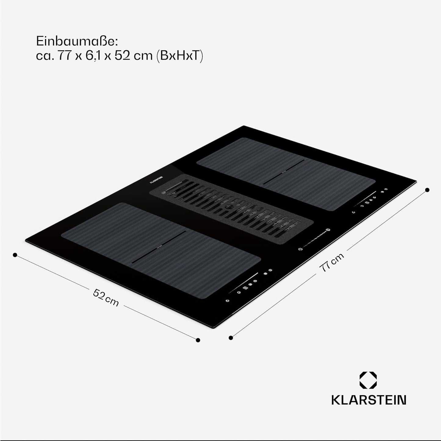 Klarstein 2-in-1 Induktionskochfeld mit Dunstabzug, Induktionskochfeld mit Abluft & Ventilator, 4-Zonen-Kochfeld, Glaskeramik-Einbauherd, Kochfeld mit Dunstabzug, Energieklasse A, 654m³/h Luftstrom