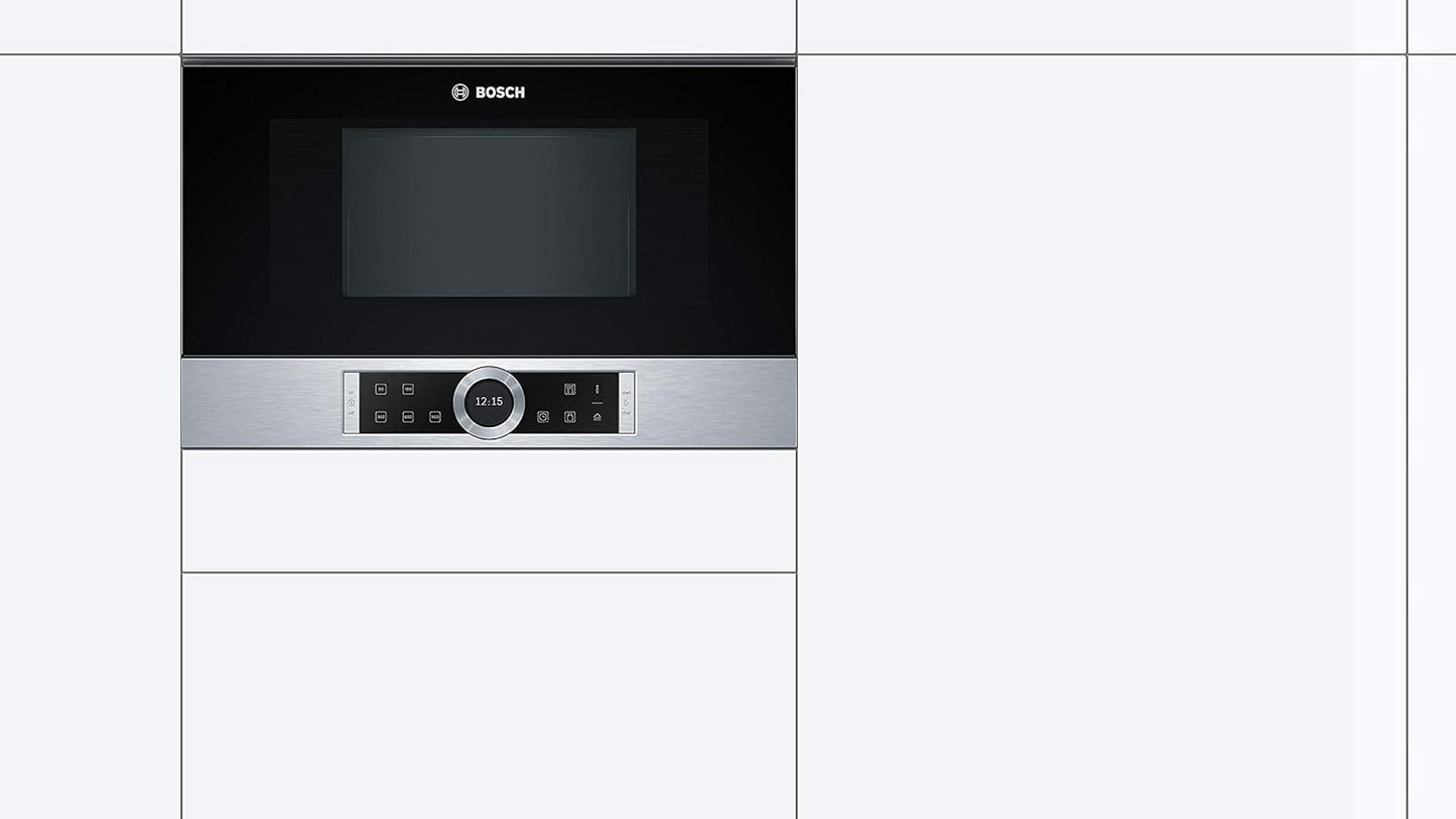 Bosch BFR634GS1 Serie 8 Einbau-Mikrowelle, Türanschlag Rechts, AutoPilot 7 Automatikprogramme, Reinigungsunterstützung, TFT-Touchdisplay, LED-Beleuchtung gleichmäßige Ausleuchtung, 38 x 60 cm, 900 W