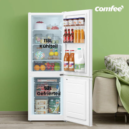 Comfee' RCB169DK3 Kühlschrank mit Gefrierfach 150cm Höhe/Kühl-/Gefrierkombination/Low Frost/174L/leise Kühlgefrierkombi 38dB/Einstellbare Kühlschranktemperatur/LED-Licht/156 kWh/Jahr/Schwarz