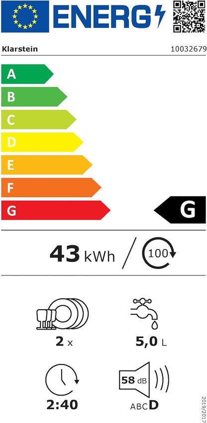Klarstein  ia Mini Geschirrspüler, Spülmaschine mit Platz für 2 Maßgedecke, 6 Programme, 5 L Wasser benötigt, LED-Display, Touch, Tischgeschirrspüler inkl. Zubehör, schwarz