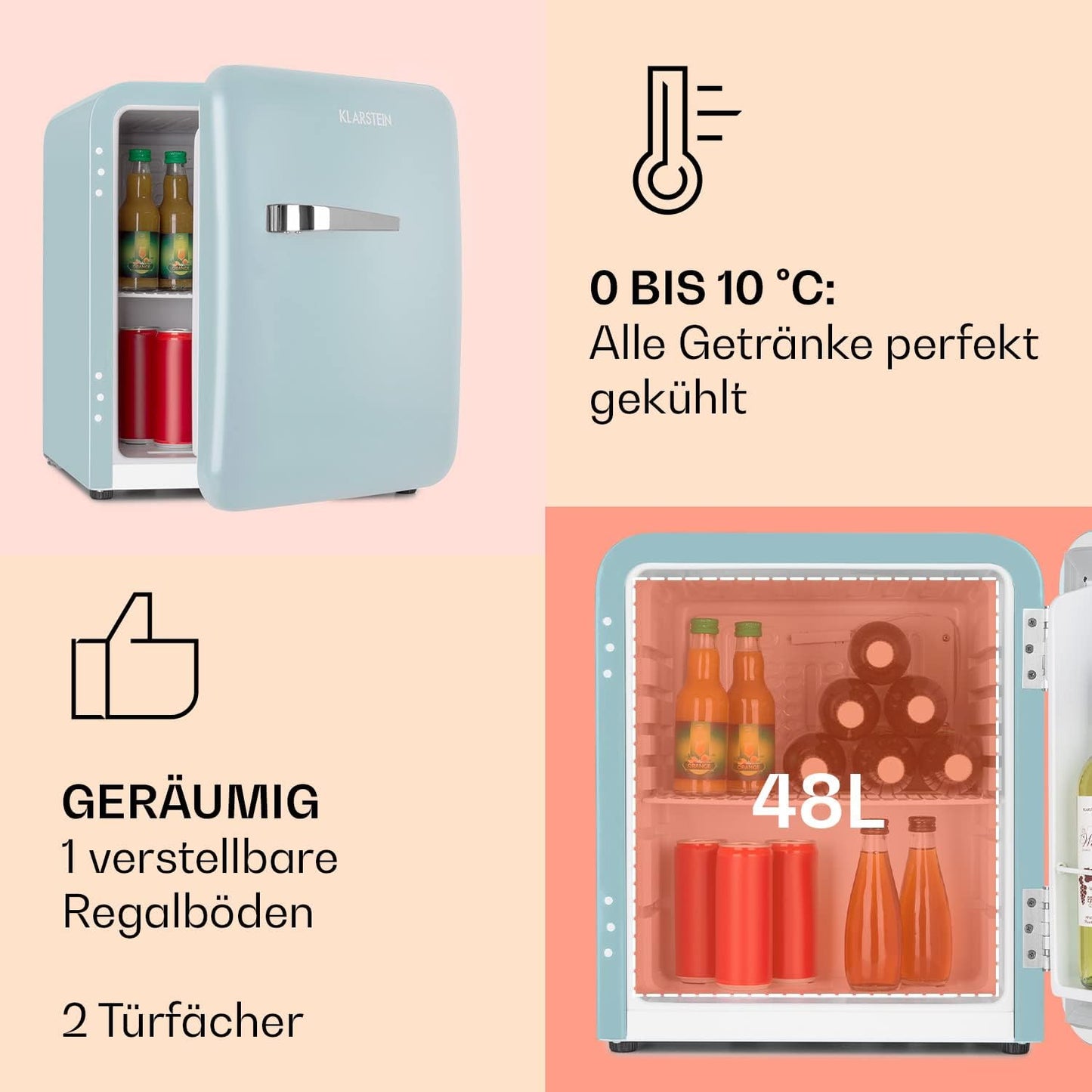 Klarstein Audrey Mini - kleiner Kühlschrank, kompakte Mini-Bar, freistehend, Kompressionskühlung, Fassungsvermögen, Kühlung: 0-10 °C, Mini-Kühlschrank mit 70 Liter Fassungsvermögen, rot