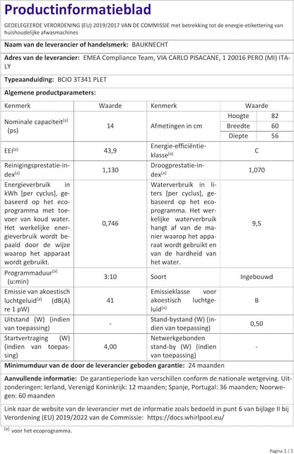Bauknecht BCIO 3T341 PLET Vollintegrierbarer Geschirrspüler 60 cm /Edelstahl/14 Maßgedecke/10 Standardprogramme und 1 Sensorprogramm/PowerClean/ActiveDry/Besteckschublade/Vollwasserschutz
