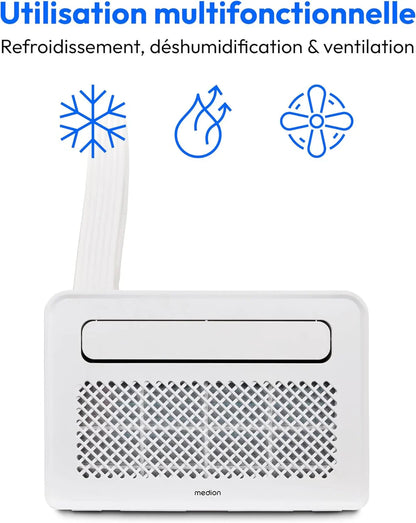 MEDION Smart Climatiseur Split P502 (5000 BTU, 3-en-1, Refroidir, Déshumidification, Ventilation, pour caravane, camping-car, kit de joint de fenêtre, mode sommeil, contrôle Wifi, Écran, MD 37735)