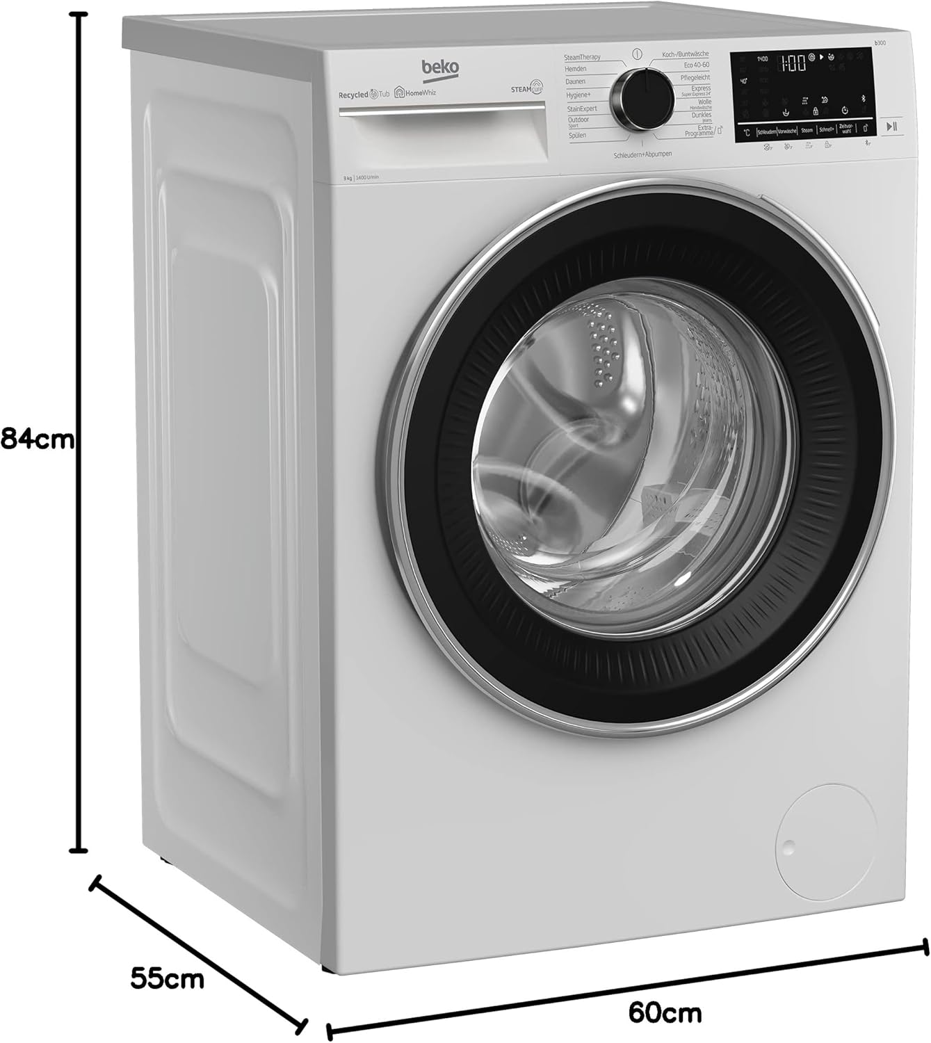 Beko B3WFU58415W1 b300 Waschmaschine, 8 kg, Waschvollautomat, Restzeitanzeige, Schleuderwahl, 1400 U/min, Dampffunktion, AddXtra-Nachlegefunktion, Bluetooth, Hygiene+ allergikergeeignet, Weiß