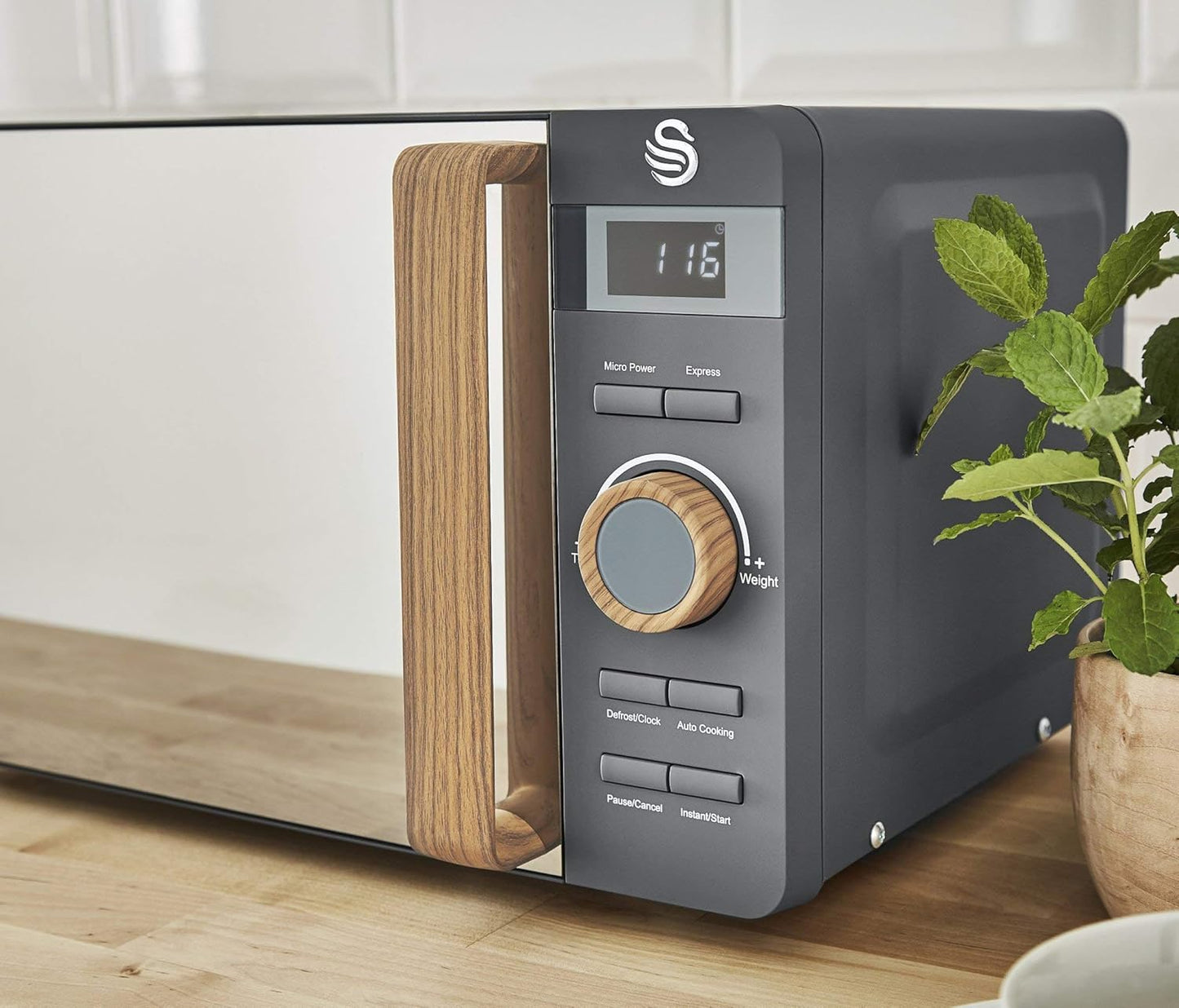 Swan Nordic Frühstücksset, Wasserkocher, 1,7 l, 2200 W, Breitschlitz-Toaster, 2 Scheiben, digitale Mikrowelle 20 l, modernes Design, Holzoptik, grau