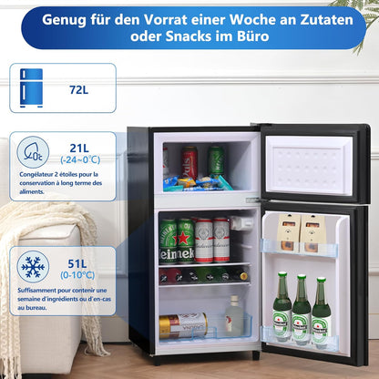 Merax Kühlschrank mit Gefrierfach, Kühl-Gefrierkombination, klein Kühlschrank mit 51L und Gefrierschrank 21L, Leise, LED, Glasablagen, Gemüsefach, Türablagen, für Küche, Wohnzimmer, Büro, Schwarz