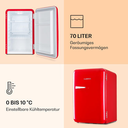 Klarstein Audrey Mini - kleiner Kühlschrank, kompakte Mini-Bar, freistehend, Kompressionskühlung, Fassungsvermögen, Kühlung: 0-10 °C, Mini-Kühlschrank mit 70 Liter Fassungsvermögen, rot