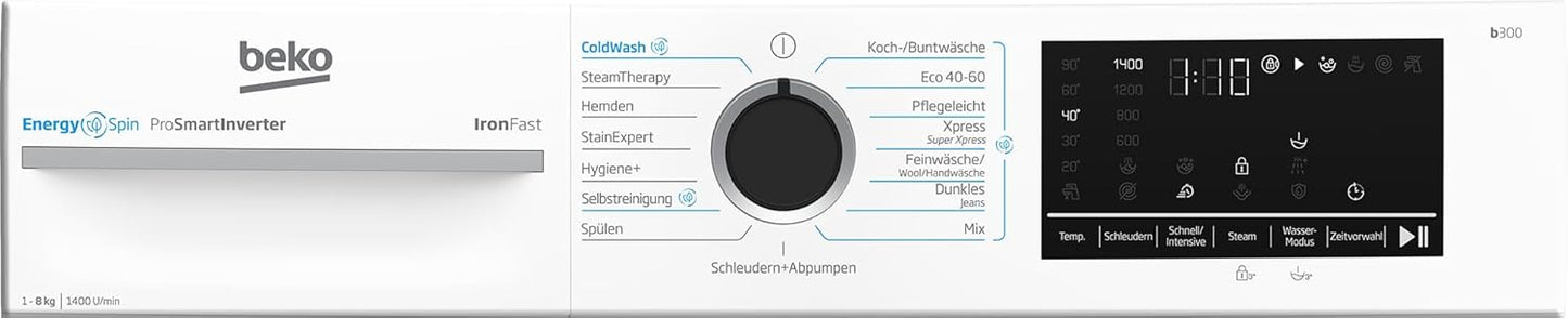 Beko B3WFU58415W1 b300 Waschmaschine, 8 kg, Waschvollautomat, Restzeitanzeige, Schleuderwahl, 1400 U/min, Dampffunktion, AddXtra-Nachlegefunktion, Bluetooth, Hygiene+ allergikergeeignet, Weiß