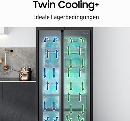 Samsung RS64DG53R3B1EF Side-by-Side-Kühlschrank mit Gefrierfach, 178 cm, 628 l, SmartThings AI Energy Mode, Eis- und Wasserspender, Slim Ice Maker, Premium Black Steel