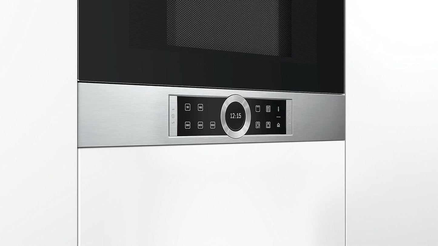 Bosch BFR634GS1 Serie 8 Einbau-Mikrowelle, Türanschlag Rechts, AutoPilot 7 Automatikprogramme, Reinigungsunterstützung, TFT-Touchdisplay, LED-Beleuchtung gleichmäßige Ausleuchtung, 38 x 60 cm, 900 W