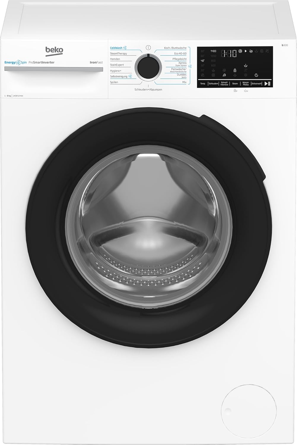 Beko B3WFU58415W1 b300 Waschmaschine, 8 kg, Waschvollautomat, Restzeitanzeige, Schleuderwahl, 1400 U/min, Dampffunktion, AddXtra-Nachlegefunktion, Bluetooth, Hygiene+ allergikergeeignet, Weiß