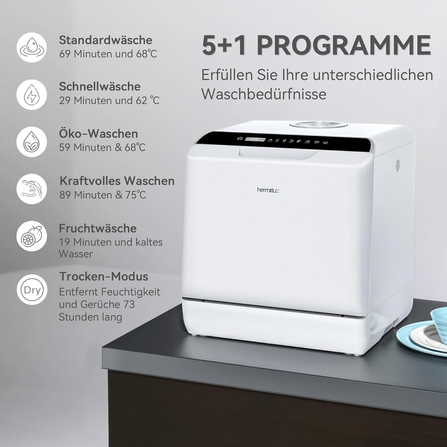 Hermitlux Mini Geschirrspüler, Spülmaschine für 4 Bestecksätze, 5 Liter Wassertank, 6 Programme Mini Tischgeschirrspüler, Perfekt für Wohnungen, Schlafsäle, Camping, Weiß