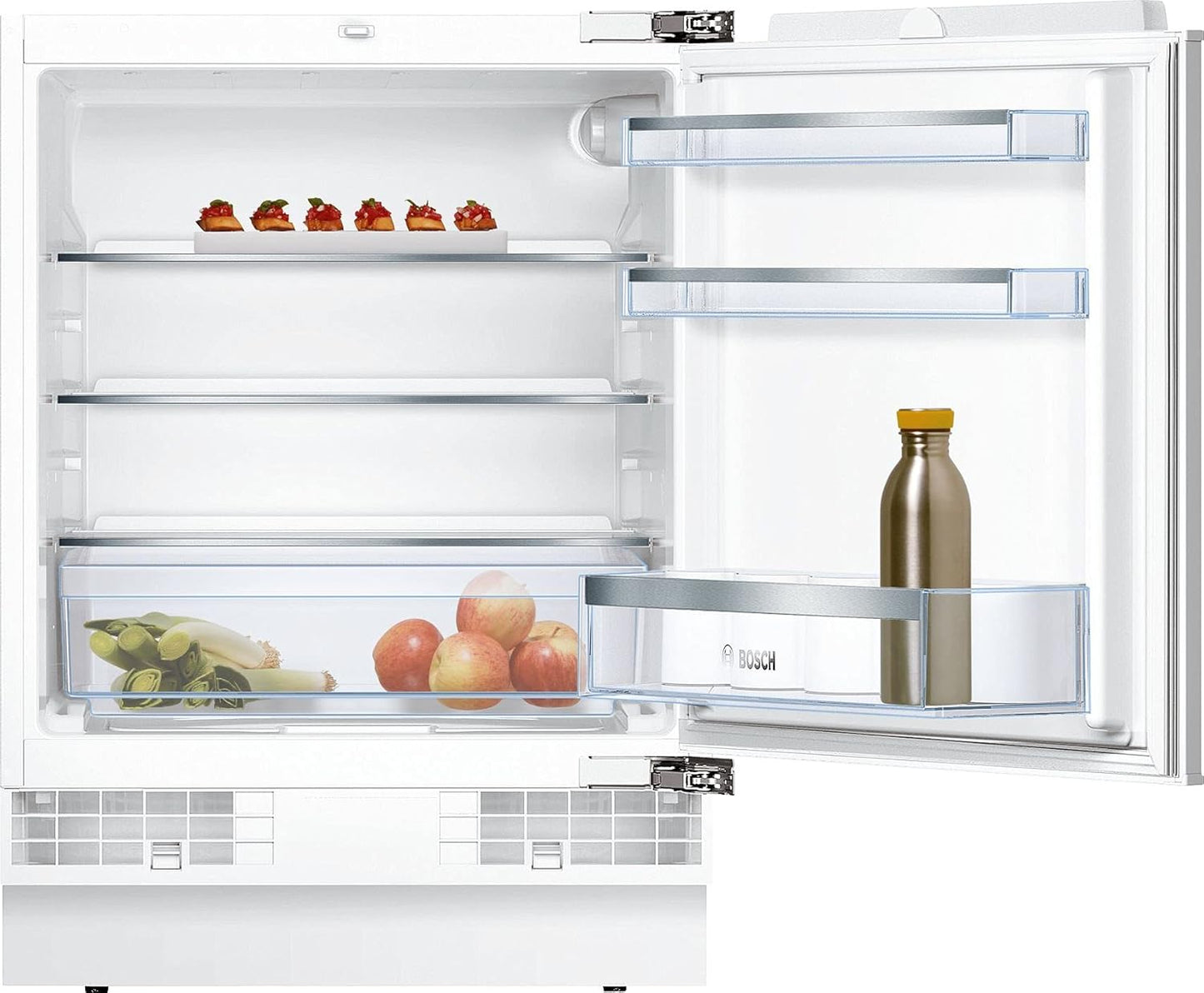 Bosch KUL15AFF0 Serie 6 Unterbau-Kühlschrank, 82 x 60 cm Nische, 123 L, Flachscharnier, Made in Germany, LED-Beleuchtung gleichmäßige Ausleuchtung, MultiBox Lagerung von Obst und Gemüse