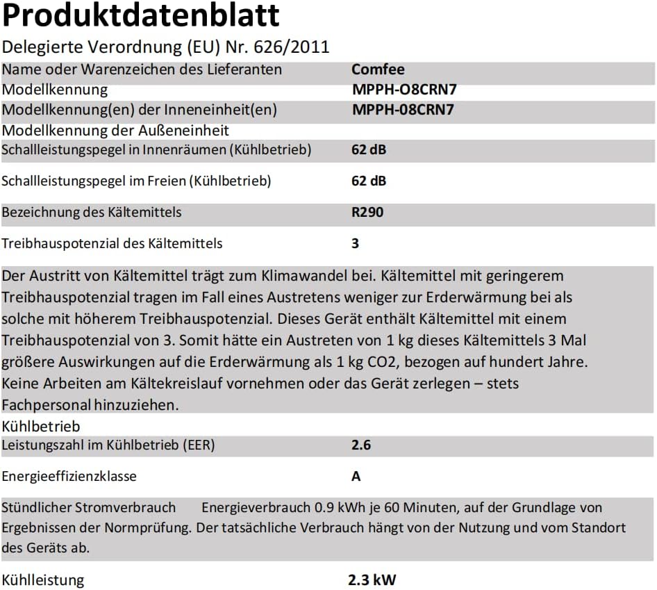 Comfee Mobiles Klimagerät MPPH-09CRN7, 9000 BTU 2,6kW, Kühlen&Ventilieren&Entfeuchten, Raumgröße bis 88m³(33㎡), Mobile Klimaanlage mit Abluftschlauch