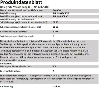 Comfee Mobiles Klimagerät MPPH-09CRN7, 9000 BTU 2,6kW, Kühlen&Ventilieren&Entfeuchten, Raumgröße bis 88m³(33㎡), Mobile Klimaanlage mit Abluftschlauch