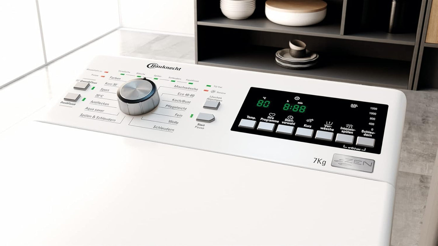 Bauknecht WMT Pro Eco 6ZB Toplader-Waschmaschine / 6 kg / 1200 UpM/Antiflecken-Programm/FreshFinish/ZEN Technology/Startzeitvorwahl/SoftOpening/Kurz 30'/ 15° Green& Clean