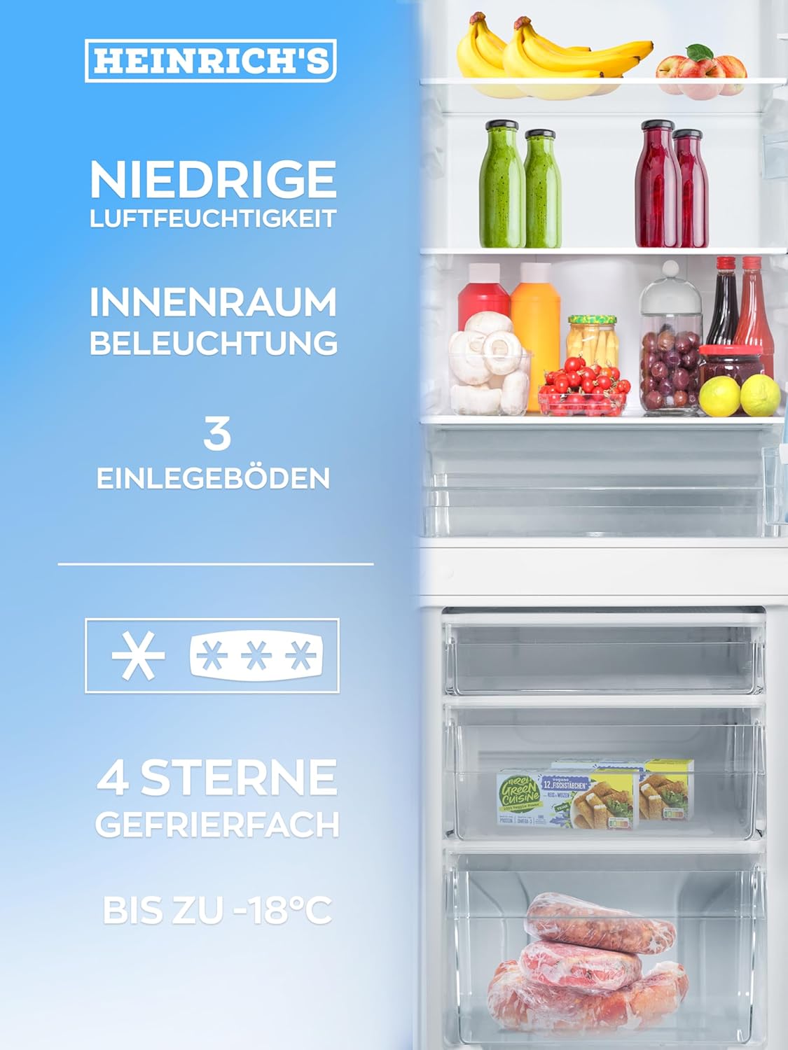 Heinrich´s Kühlgefrierkombination 175Liter, Kühlvolumen 122L, Gefrierfach 53L,LED Innenraumbeleuchtung, Kühlschrank Türanschlag wechselbar, leise 39dB,große Tiefkühlboxen, 7 Temperaturstufen, schwarz