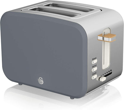 Swan Nordic Frühstücksset, Wasserkocher, 1,7 l, 2200 W, Breitschlitz-Toaster, 2 Scheiben, digitale Mikrowelle 20 l, modernes Design, Holzoptik, grau