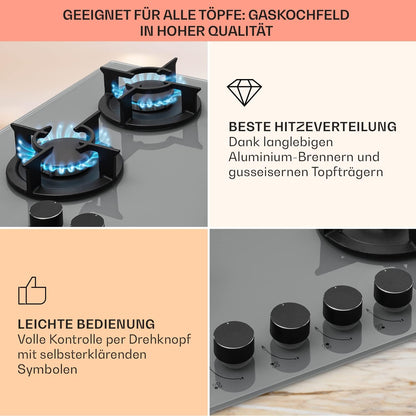 Klarstein Gasherd, Einbau-Gasherd für Propan Gasflasche, Gaskochfeld 4 Flammig, Gasherd für Küche, Camping & Wohnmobil, 8000 W Kochplatte, LPG Gaskocher, Herdplatte für Propangas, Edelstahl Gas-Herd