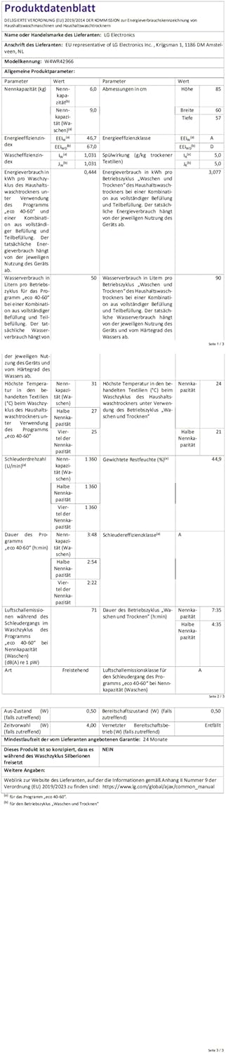 LG V7WD107H2E, Klasse E, Frontlader-Waschtrockner 10,5 - 7 kg, 1400 U/min, AI Direct Drive, Wi-Fi, Tiefenreinigung mit Dampf, TurboWash, Größere Kapazität, 62 x 60 x 85 cm ꟷ Weiß