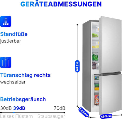Bomann® Kühlschrank mit Gefrierfach 143cm hoch | Kühl Gefrierkombination 175L mit 3 Ablagen & 3 Schubladen | Türanschlag wechselbar | leise Kühlgefrierkombi 39db | Kühlschrank KG 322.1 inox-look