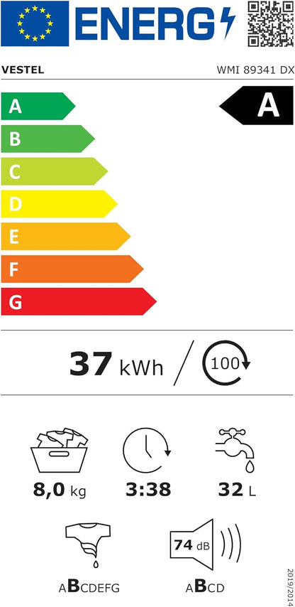 VESTEL WMI 89341 DX Waschmaschine Frontlader, 8 kg, 1400 U/min, Inverter-Motor, Dampf, AquaStop+Switch, Dark Inox