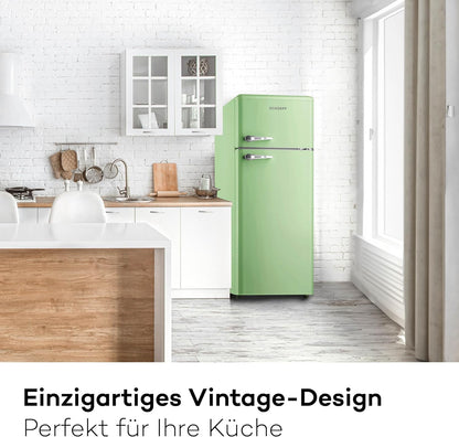 SCHOEPF – RKG218SG Kühl-Gefrierkombination – 211 L – Retro Design – LED-Beleuchtung – 39 dB – Grün/Mint – Höhenverstellbare Füße – Freistehend – Vintage Look