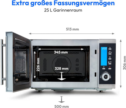 MEDION MD 15501 4 in 1 Mikrowelle mit Grill (25 Liter, 900 Watt, 1100 Watt Grill, 2500 Watt Heißluft, 10 Automatik-Programme) silber