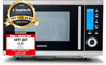 MEDION MD 15501 4 in 1 Mikrowelle mit Grill (25 Liter, 900 Watt, 1100 Watt Grill, 2500 Watt Heißluft, 10 Automatik-Programme) silber
