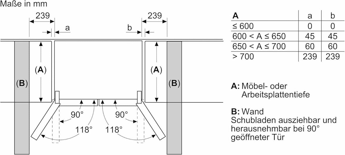SIEMENS KF96NVPEA iQ300 Multi-Door-Kühlschrank, 183 x 91 cm, 405 L Kühlen & 200 L Gefrieren, hyperFresh längere Frische, noFrost nie wieder abtauen, superCooling schnellere Kühlung