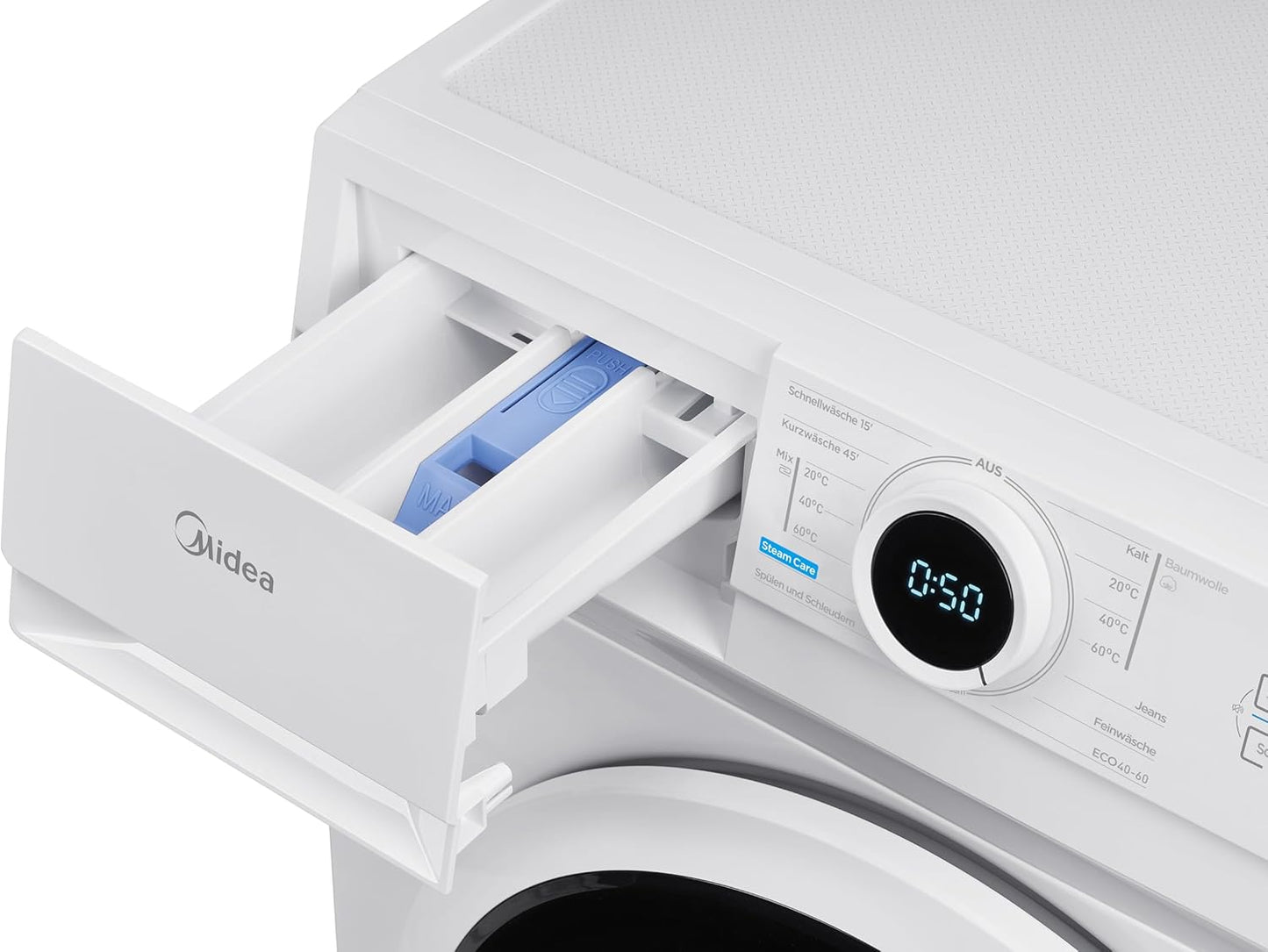 Midea MF10EW80B Waschmaschine / 8kg / 1400 U/Min/EEK A/Inverter Quattro Moto/Dampffunktion/Grosse Trommel/Slim Design/Nachlegefunktion/Kindersicherung/AquaStop, Weiß