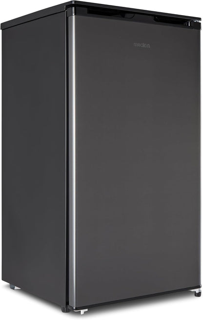 MEDION Kühlschrank mit Eiswürfelfach (90L Gesamt-Nutzinhalt 80L Kühlteil 10L Eiswürfelfach, transparente Gemüseschublade, freistehend, wechselbarer Türanschlag, höhenverstellbare Füße, MD37690) grau