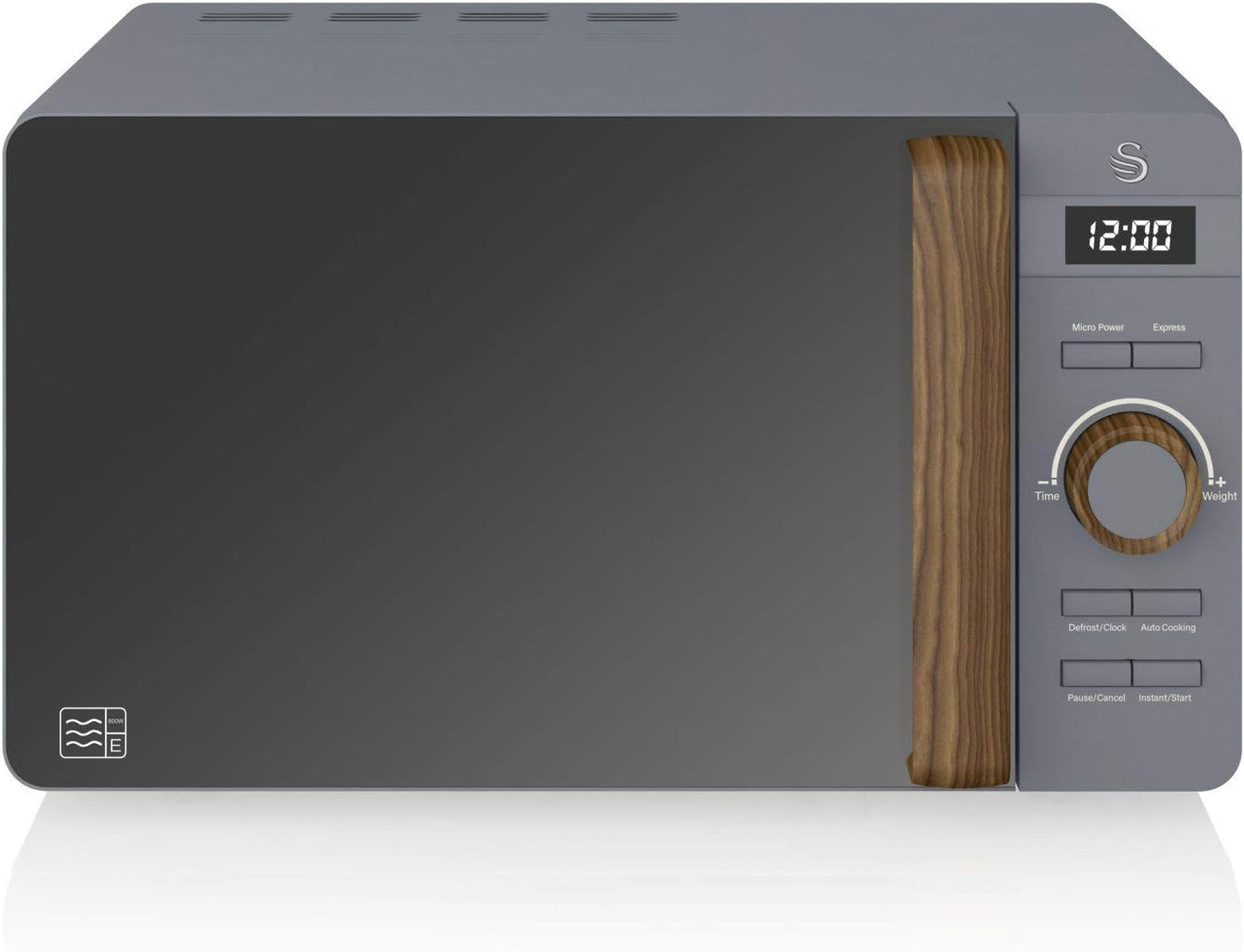 Swan Nordic Frühstücksset, Wasserkocher, 1,7 l, 2200 W, Breitschlitz-Toaster, 2 Scheiben, digitale Mikrowelle 20 l, modernes Design, Holzoptik, grau