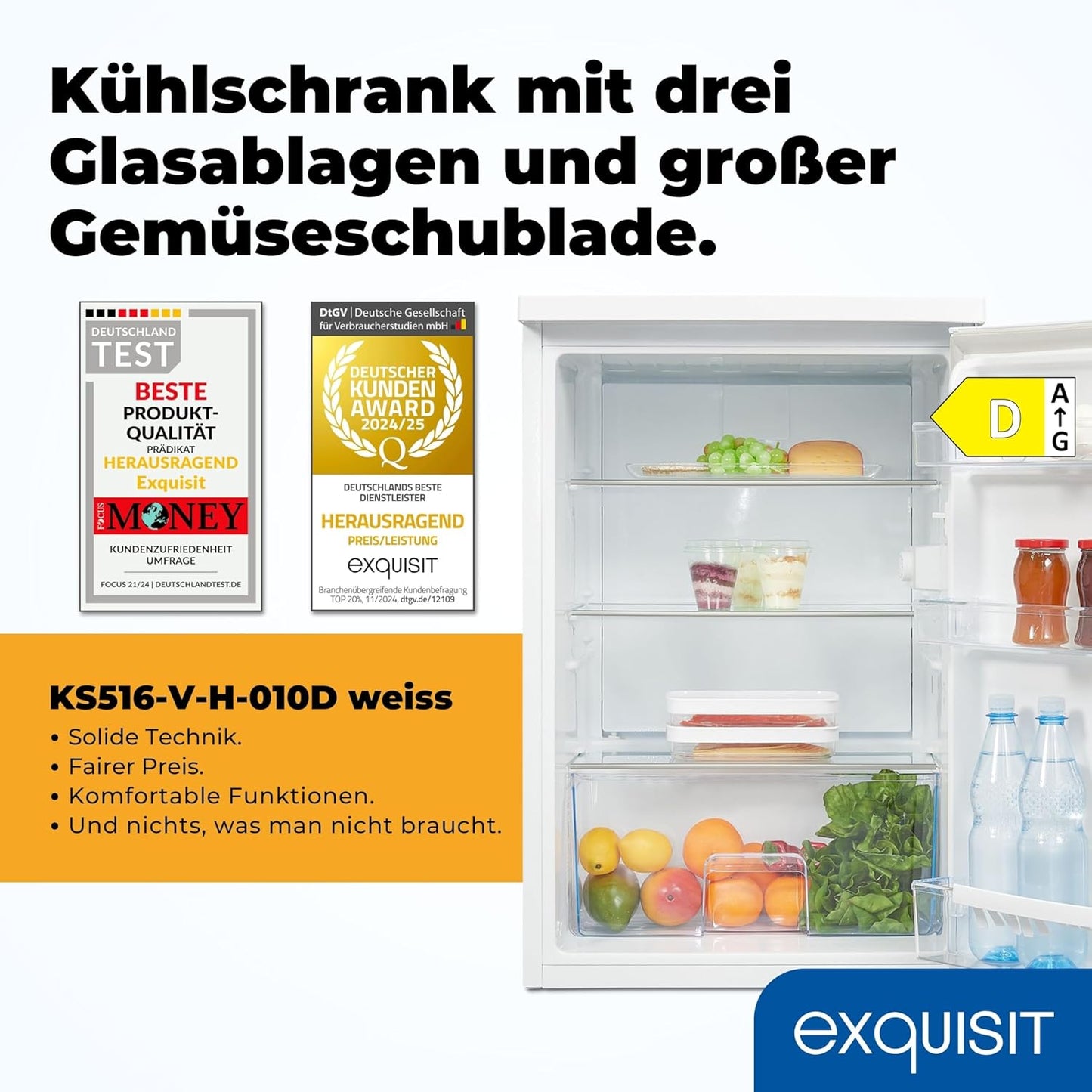 Exquisit Kühlschrank ohne Gefrierfach, 133 Liter, Vollraumkühlschrank freistehend, Türanschlag Wechselbar, KS516-V-H-010D weiss