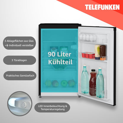 TELEFUNKEN Kühlschrank ohne Gefrierfach, Freistehend, 90 L Gesamt-Nutzinhalt, Kühlschrank klein mit Gemüsefach & 3 Ablagen, Temperaturregelung, LED Innenbeleuchtung, CF-31-121-B schwarz