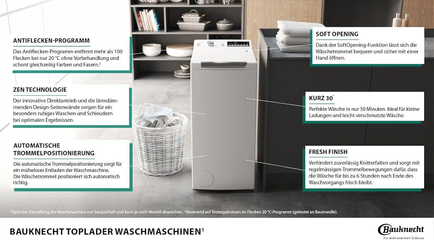 Bauknecht WMT Pro Eco 6ZB Toplader-Waschmaschine / 6 kg / 1200 UpM/Antiflecken-Programm/FreshFinish/ZEN Technology/Startzeitvorwahl/SoftOpening/Kurz 30'/ 15° Green& Clean
