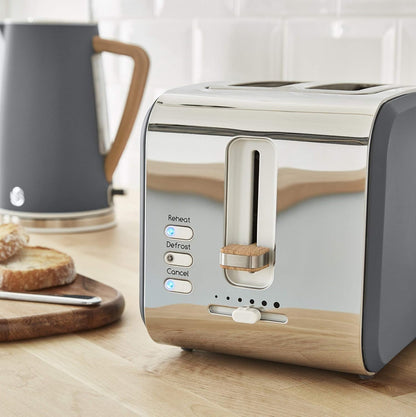 Swan Nordic Frühstücksset, Wasserkocher, 1,7 l, 2200 W, Breitschlitz-Toaster, 2 Scheiben, digitale Mikrowelle 20 l, modernes Design, Holzoptik, grau