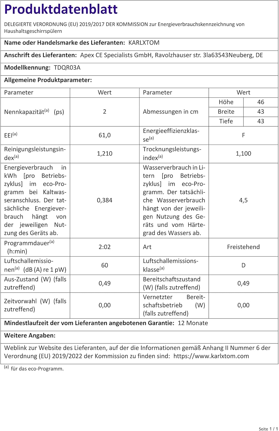 Karlxtom TDQR03A Mini Geschirrspüler, 6 Programme freistehender Tischgeschirrspüler, Spülmaschine mit 2 Wasserversorgungsmodi, Auto-Trocknung, Perfekt für kleine Familien und Paare