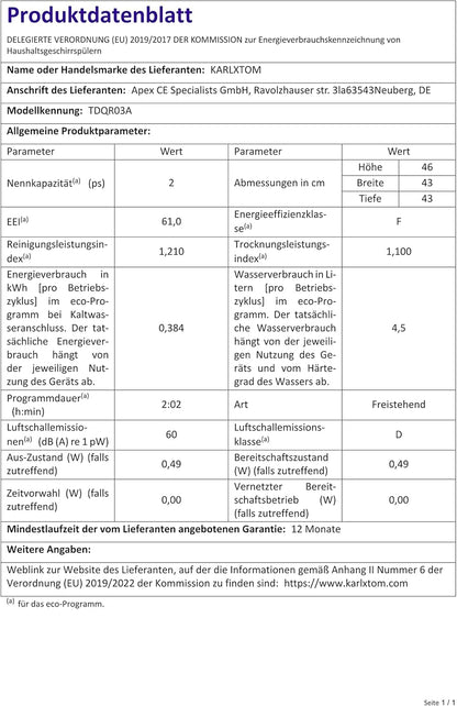 Karlxtom TDQR03A Mini Geschirrspüler, 6 Programme freistehender Tischgeschirrspüler, Spülmaschine mit 2 Wasserversorgungsmodi, Auto-Trocknung, Perfekt für kleine Familien und Paare