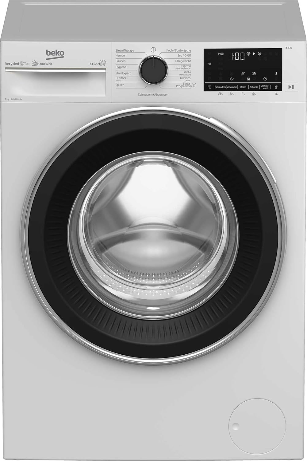Beko B3WFU58415W1 b300 Waschmaschine, 8 kg, Waschvollautomat, Restzeitanzeige, Schleuderwahl, 1400 U/min, Dampffunktion, AddXtra-Nachlegefunktion, Bluetooth, Hygiene+ allergikergeeignet, Weiß