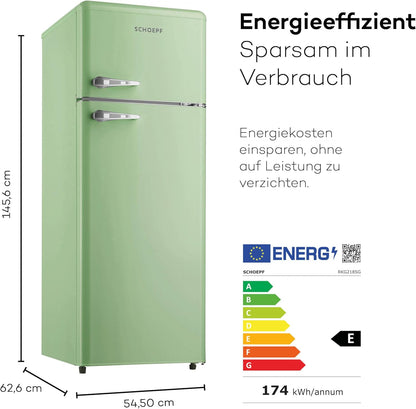 SCHOEPF – RKG218SG Kühl-Gefrierkombination – 211 L – Retro Design – LED-Beleuchtung – 39 dB – Grün/Mint – Höhenverstellbare Füße – Freistehend – Vintage Look