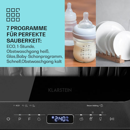 Klarstein  ia Mini Geschirrspüler, Spülmaschine mit Platz für 2 Maßgedecke, 6 Programme, 5 L Wasser benötigt, LED-Display, Touch, Tischgeschirrspüler inkl. Zubehör, schwarz