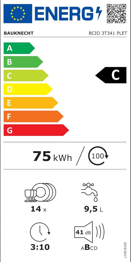 Bauknecht BCIO 3T341 PLET Vollintegrierbarer Geschirrspüler 60 cm /Edelstahl/14 Maßgedecke/10 Standardprogramme und 1 Sensorprogramm/PowerClean/ActiveDry/Besteckschublade/Vollwasserschutz