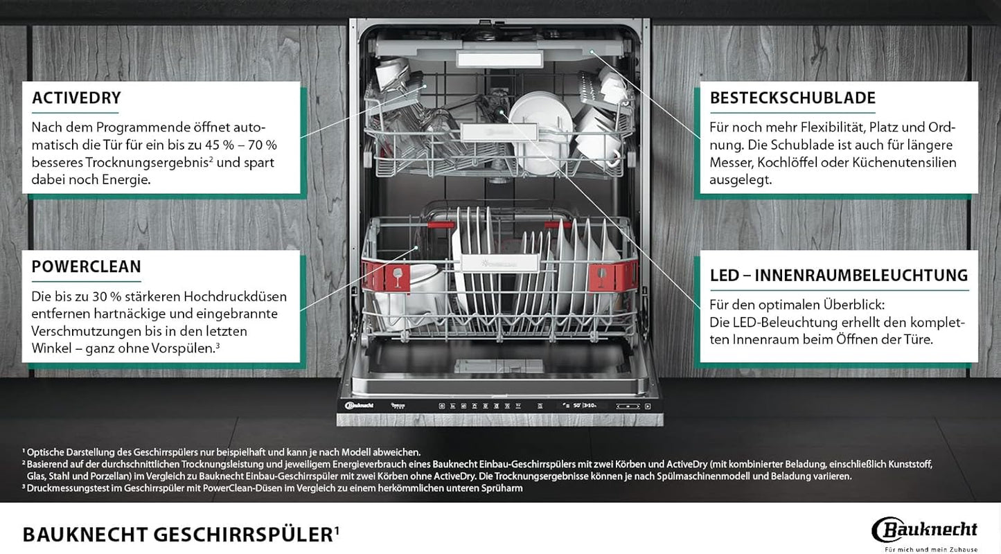 Bauknecht BCIO 3T341 PLET Vollintegrierbarer Geschirrspüler 60 cm /Edelstahl/14 Maßgedecke/10 Standardprogramme und 1 Sensorprogramm/PowerClean/ActiveDry/Besteckschublade/Vollwasserschutz