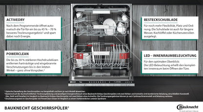 Bauknecht BCIO 3T341 PLET Vollintegrierbarer Geschirrspüler 60 cm /Edelstahl/14 Maßgedecke/10 Standardprogramme und 1 Sensorprogramm/PowerClean/ActiveDry/Besteckschublade/Vollwasserschutz