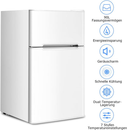 GOPLUS Kühlschrank mit Gefrierfach - Kühl Gefrierkombination / 90L Gesamtnutzinhalt, 27L Gefrierteil/Thermostat einstellbar/LED Innenbeleuchtung/Türanschlag wechselbar (Weiß)